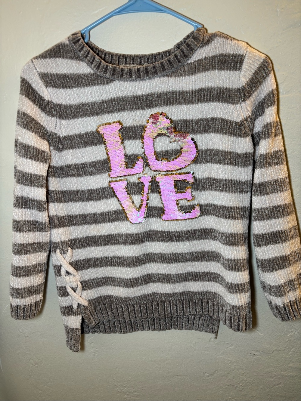 Striped Gray & White Sweater with Pink Sequin LOVE